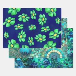 Whimsical Floral Blue Green Flowers Decoupage ラッピングペーパーシート