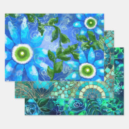 Whimsical Floral Blue Green Teal Daisies Decoupage ラッピングペーパーシート