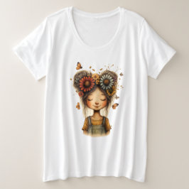 Whimsical Floral Bun Girl Cottagecore Art プラスサイズTシャツ