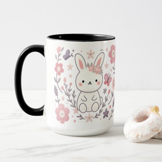 Whimsical Floral Bunny Ceramic Mug マグカップ (ドーナツ付き)