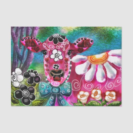 Whimsical Floral Cow Pink Teal Black Decoupage 薄葉紙 (正面)