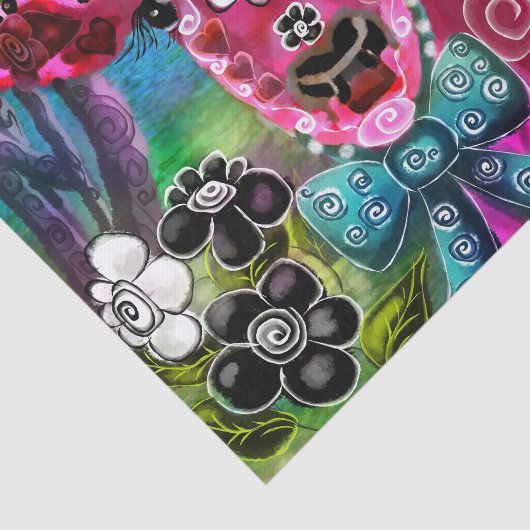 Whimsical Floral Cow Pink Teal Black Decoupage 薄葉紙 (詳細)