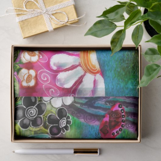 Whimsical Floral Cow Pink Teal Black Decoupage 薄葉紙 (ギフト)