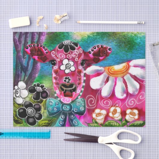 Whimsical Floral Cow Pink Teal Black Decoupage 薄葉紙 (クラフト)