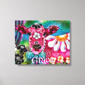 Whimsical Floral Cow Pink Teal Black Personalized キャンバスプリント (正面)