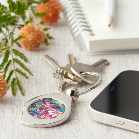 Whimsical Floral Cow Pink Teal Black Personalized キーホルダー (側面)