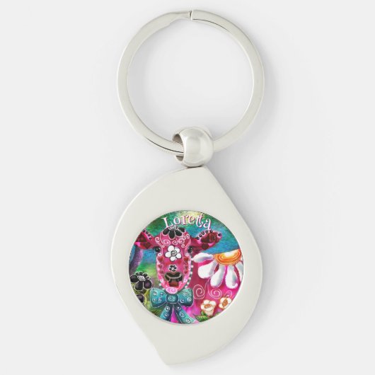 Whimsical Floral Cow Pink Teal Black Personalized キーホルダー (正面)