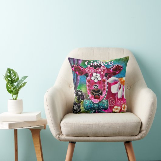 Whimsical Floral Cow Pink Teal Black Personalized クッション (椅子)