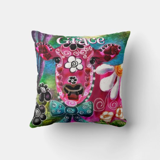 Whimsical Floral Cow Pink Teal Black Personalized クッション (裏面)