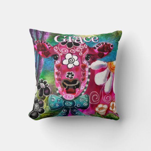 Whimsical Floral Cow Pink Teal Black Personalized クッション (正面)