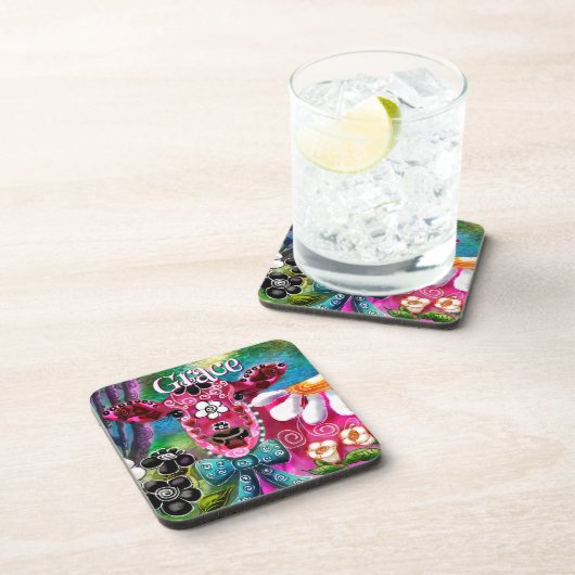 Whimsical Floral Cow Pink Teal Black Personalized コースター (右側)