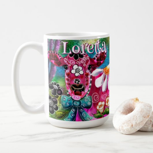 Whimsical Floral Cow Pink Teal Black Personalized コーヒーマグカップ (ドーナツ)