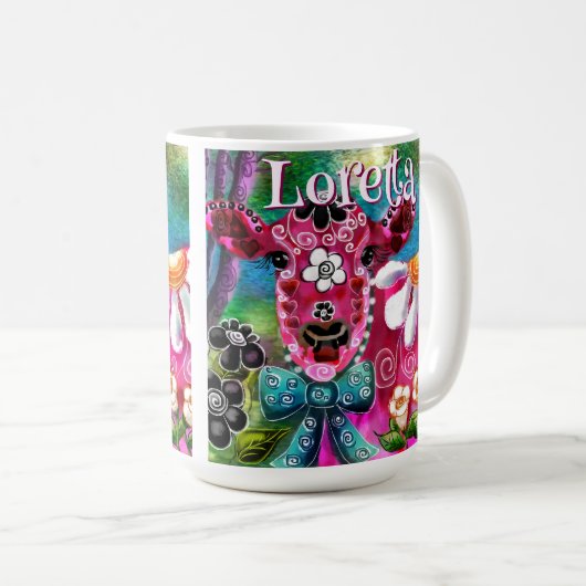 Whimsical Floral Cow Pink Teal Black Personalized コーヒーマグカップ (正面右)