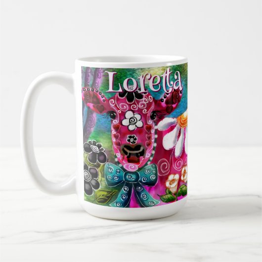 Whimsical Floral Cow Pink Teal Black Personalized コーヒーマグカップ (左)