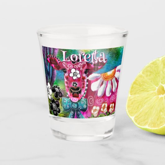 Whimsical Floral Cow Pink Teal Black Personalized ショットグラス (正面)