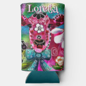 Whimsical Floral Cow Pink Teal Black Personalized スリム缶クーラー (裏面)