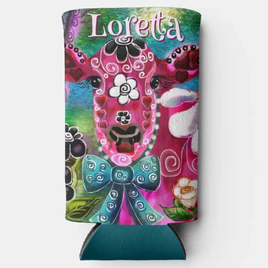 Whimsical Floral Cow Pink Teal Black Personalized スリム缶クーラー (正面)