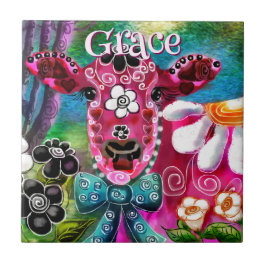 Whimsical Floral Cow Pink Teal Black Personalized タイル