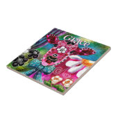 Whimsical Floral Cow Pink Teal Black Personalized タイル (側面)