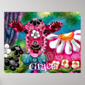 Whimsical Floral Cow Pink Teal Black Personalized ポスター (正面)