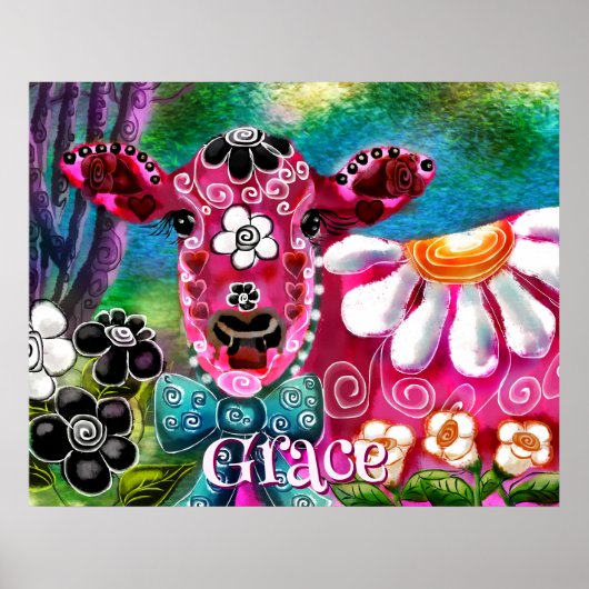 Whimsical Floral Cow Pink Teal Black Personalized ポスター (正面)