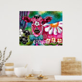 Whimsical Floral Cow Pink Teal Black Personalized ポスター (キッチン)