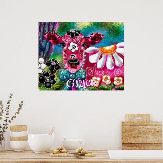 Whimsical Floral Cow Pink Teal Black Personalized ポスター (キッチン)