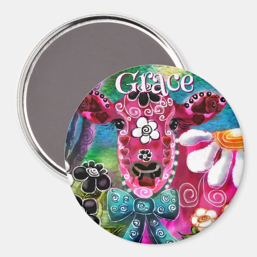 Whimsical Floral Cow Pink Teal Black Personalized マグネット (正面/裏面)