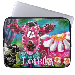 Whimsical Floral Cow Pink Teal Black Personalized ラップトップスリーブ
