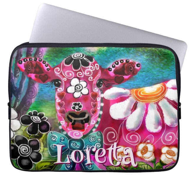 Whimsical Floral Cow Pink Teal Black Personalized ラップトップスリーブ (正面)