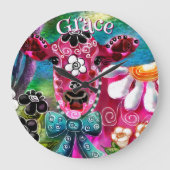 Whimsical Floral Cow Pink Teal Black Personalized ラージ壁時計 (正面)