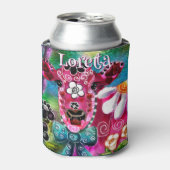 Whimsical Floral Cow Pink Teal Black Personalized 缶クーラー (缶正面)