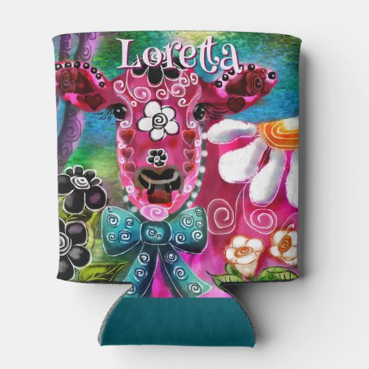 Whimsical Floral Cow Pink Teal Black Personalized 缶クーラー (裏面)