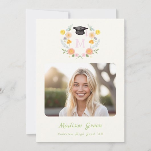 Whimsical Floral Crest Graduation Invitation 招待状 (正面)