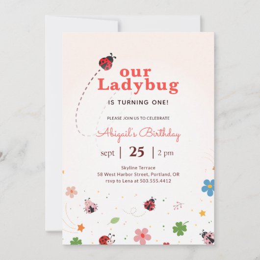 Whimsical Floral Cute Bug Ladybug 1st Birthday 招待状 (正面)
