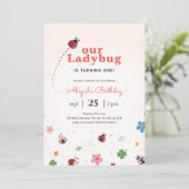 Whimsical Floral Cute Bug Ladybug 1st Birthday 招待状 (スタンド正面)