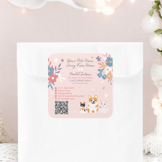 Whimsical floral cute pastel pet sitter dog walker スクエアシール