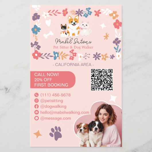Whimsical floral cute pastel pet sitter dog walker チラシ (正面)