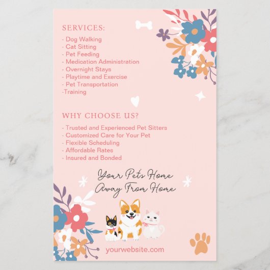 Whimsical floral cute pastel pet sitter dog walker チラシ (裏面)