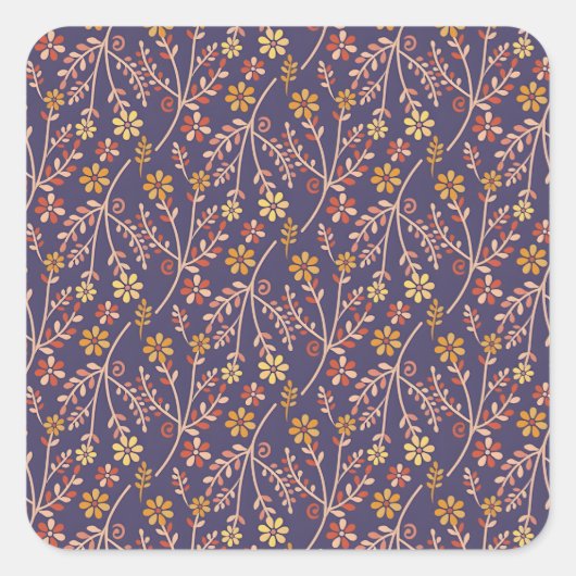 Whimsical Floral Design with Vines on Purple Back スクエアシール (正面)