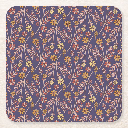 Whimsical Floral Design with Vines on Purple Back スクエアペーパーコースター (正面)