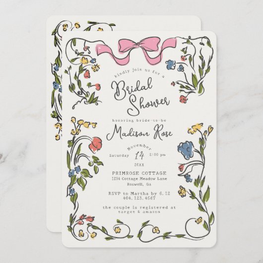 Whimsical Floral Doodle Bridal Shower Invite 招待状 (正面/裏面)