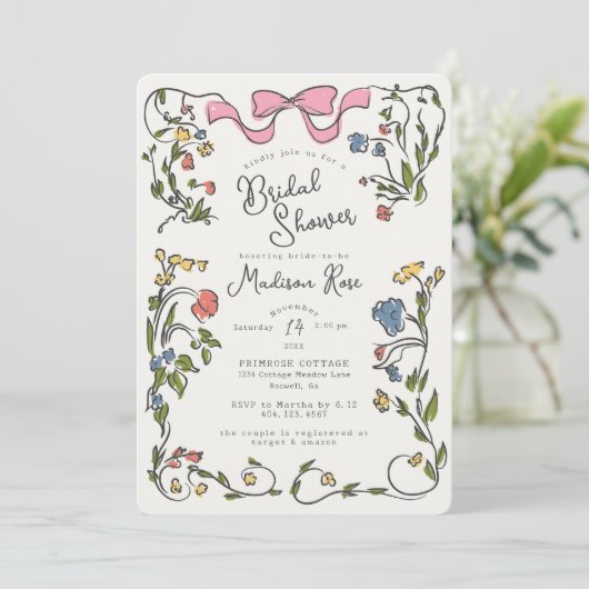 Whimsical Floral Doodle Bridal Shower Invite 招待状 (スタンド正面)