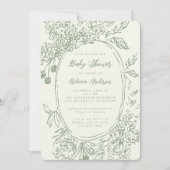 Whimsical Floral Doodle Sage Green Baby Shower 招待状 (正面)