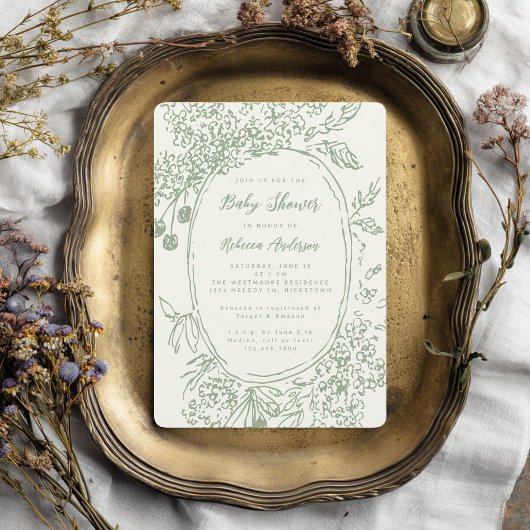 Whimsical Floral Doodle Sage Green Baby Shower 招待状