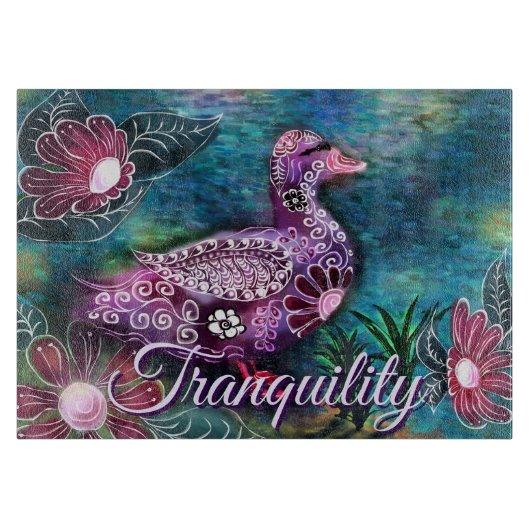 Whimsical Floral Duck Purple Teal Personalized カッティングボード (正面)