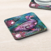 Whimsical Floral Duck Purple Teal Personalized コースター (左側)