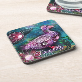 Whimsical Floral Duck Purple Teal Personalized コースター