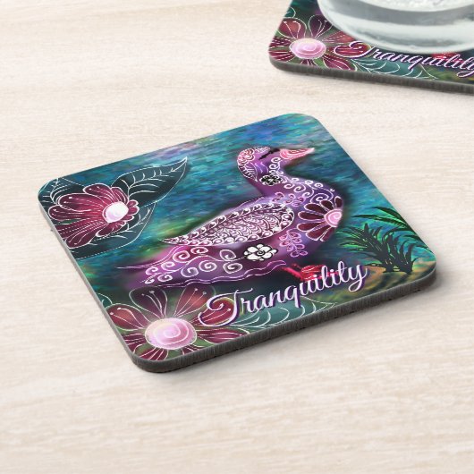 Whimsical Floral Duck Purple Teal Personalized コースター (左側)