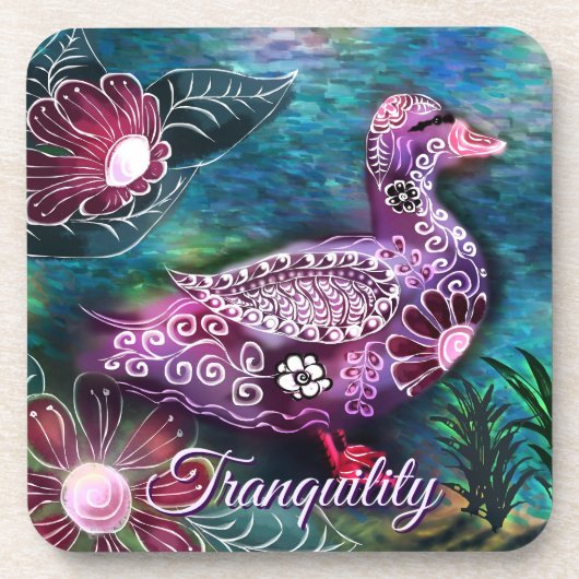 Whimsical Floral Duck Purple Teal Personalized コースター (正面)